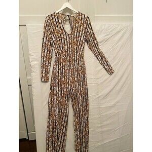Bonded Women's M White Black Gold Striped Long Sleeve Button Jumpsuit Cut-Out